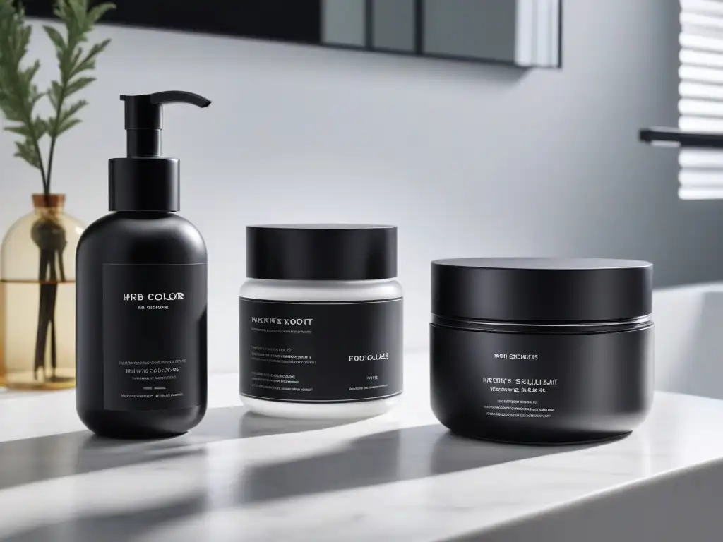 Productos de lujo para hombres en tocador minimalista Productos de belleza alta gama para hombres elegantemente presentados en un lujoso tocador de baño minimalista