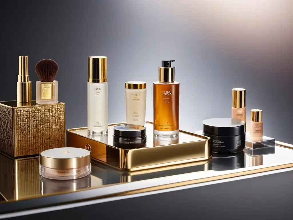 Vanity de lujo: Glamour con productos de alta gama Combina productos belleza alta gama en una lujosa mesa de tocador con elegantes cosméticos y cuidado de la piel