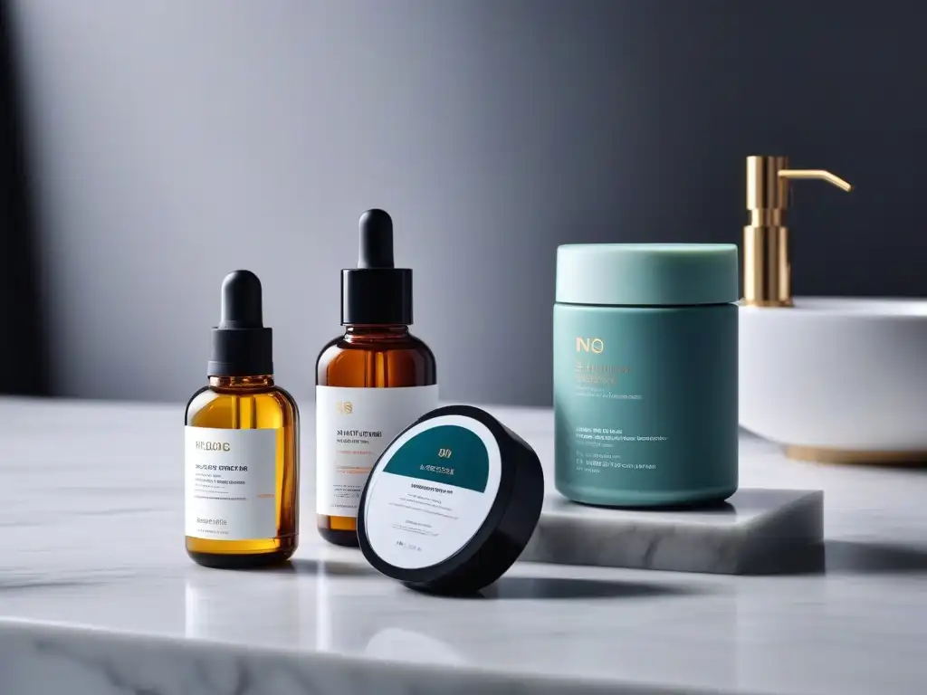Rutina de cuidado facial de lujo en mármol Productos esenciales cuidado piel invierno: Lujosa rutina de cuidado facial en mármol, con serums, cremas y aceites elegantes