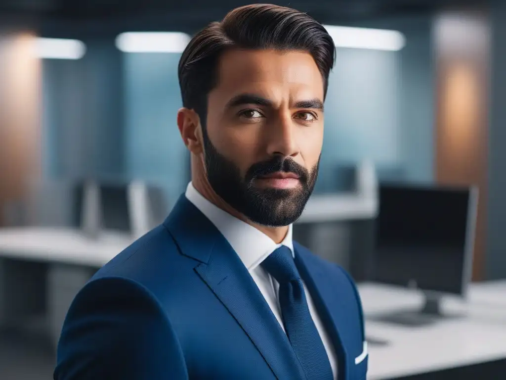 Profesional alto en oficina moderna y elegante Un profesional alto y seguro en una oficina moderna y elegante