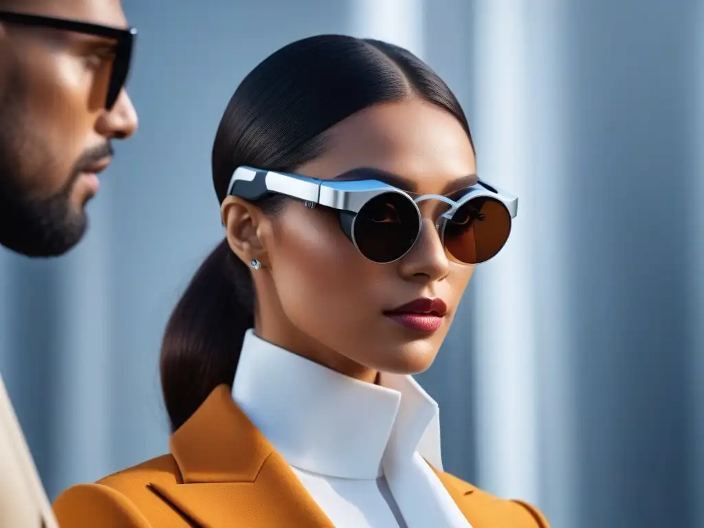 Profesionales diversos con tecnología wearable premium Profesionales diversos con wearables premium en un entorno futurista, transmitiendo innovación y moda inclusiva
