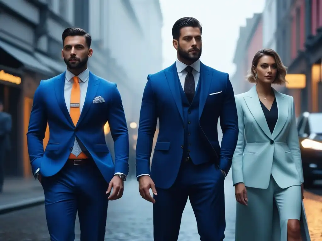 Profesionales elegantes en la ciudad al atardecer Profesionales elegantes en trajes y chalecos de alta visibilidad, destacando en un entorno urbano al anochecer