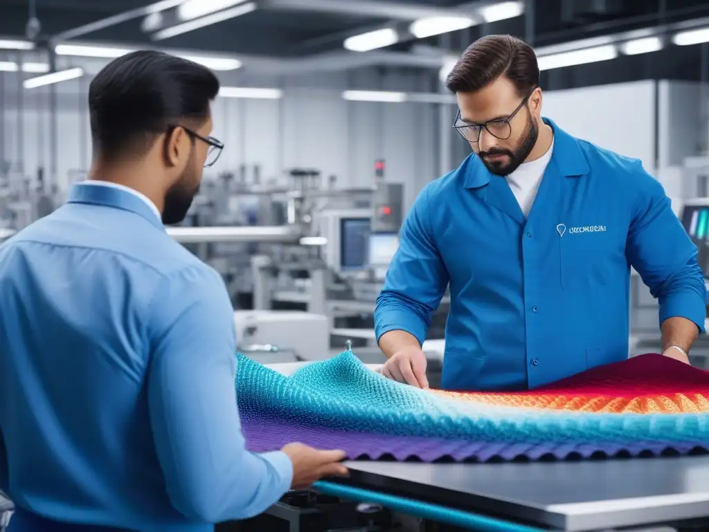 Equipo innovador de profesionales textiles en laboratorio de vanguardia Profesionales de la industria textil colaborando en laboratorio con tejidos adaptativos antimicrobianos salud
