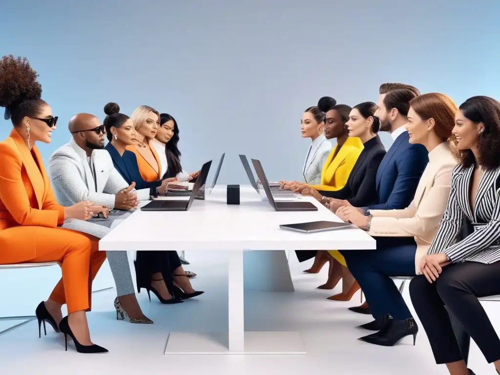 Seminario de moda inclusiva: profesionales debaten estrategias digitales Profesionales de moda diversa discuten estrategias de marketing digital inclusivo para moda en un seminario dinámico