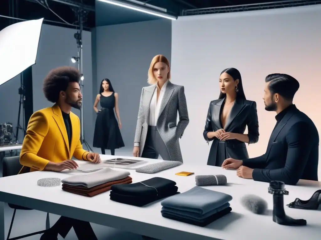 Colaboración étnica en estudio de moda sostenible Profesionales de la moda diversa colaboran en un estudio moderno y luminoso, reflejando certificaciones transparentes que benefician a todos