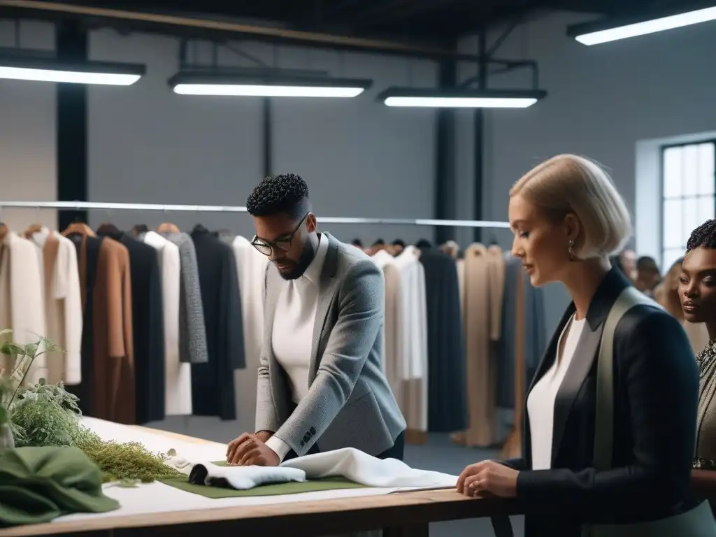 Profesionales de moda en taller sostenible: inclusividad y colaboración Profesionales de moda diversa colaboran en taller sostenible, identificando certificaciones