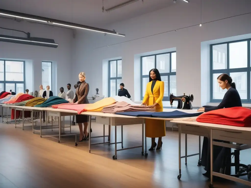 Equipo diverso en estudio de moda: creatividad y colaboración Profesionales de la moda en estudio moderno, reflejando trabajo en equipo, creatividad e inclusividad