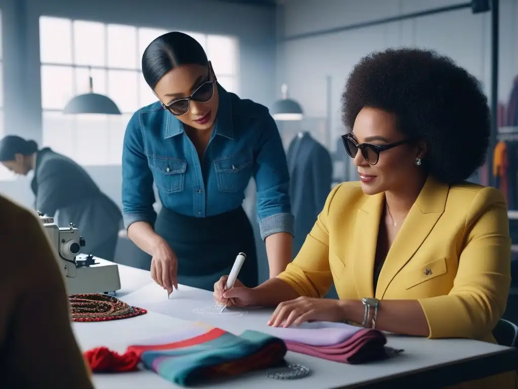 Diseñadores de moda creando juntos en un espacio inclusivo y moderno Profesionales de la moda de diversas etnias y habilidades colaboran en un taller vibrante y creativo, reflejando la moda inclusiva tendencias globales