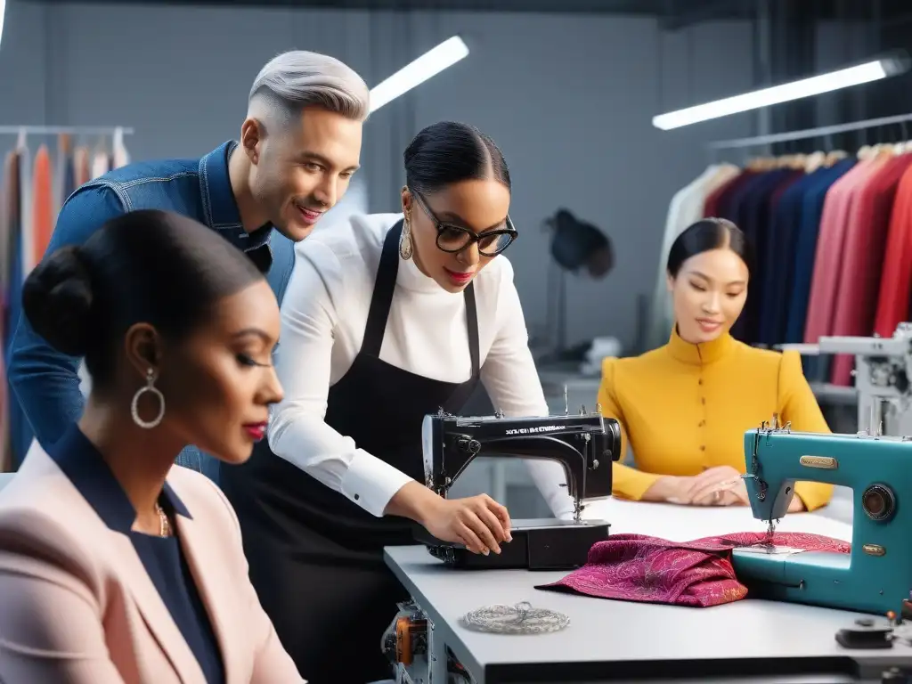 Diseño inclusivo: profesionales diversos crean moda innovadora juntos Profesionales diversos crean moda inclusiva en estudio moderno