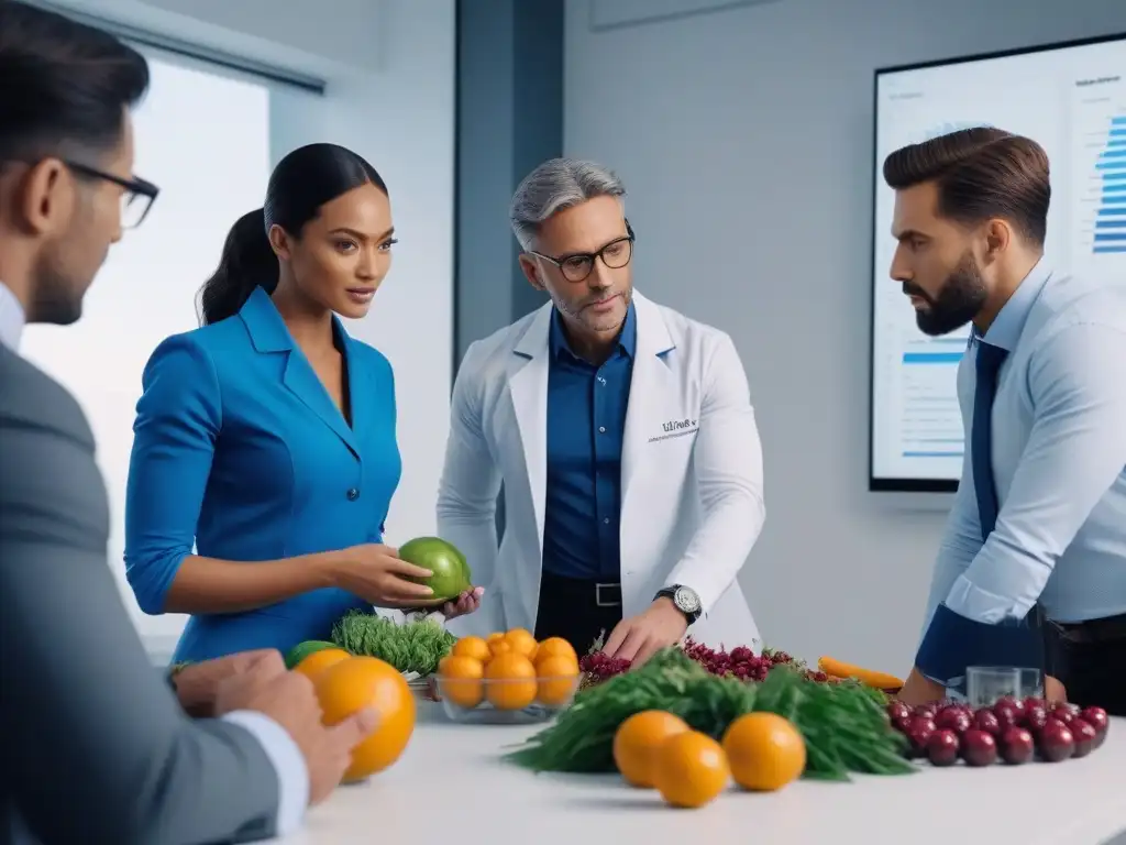 Profesionales innovadores debaten sobre antioxidantes en oficina moderna Profesionales en oficina moderna discuten beneficios de suplementos antioxidantes para combatir estrés
