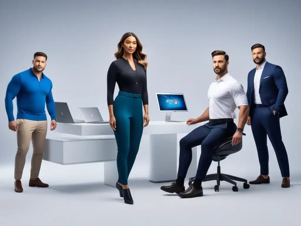 Moda inclusiva: profesionales diversos lucen adaptaciones elegantes Profesionales diversos lucen ropa adaptativa para todos cuerpos en oficina moderna