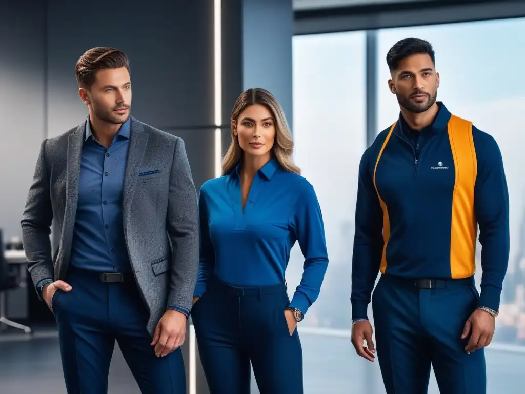 Profesionales modernos con estilo y confianza en ropa de trabajo adaptativa Profesionales en ropa adaptativa para el trabajo, combinando estilo y funcionalidad en un entorno de oficina moderno