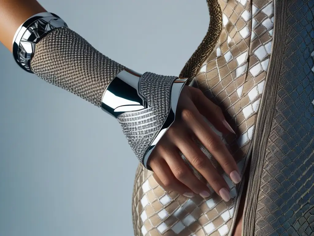 Prótesis futurista integrada en moda: fusión tecnología y estilo Prótesis futurista integrada en moda inclusiva, fusionando tecnología y estilo