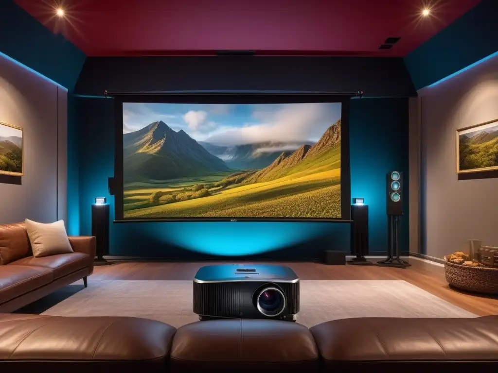 Proyector 8K: detalle impresionante en pantalla de cine Un proyector 8K en un lujoso cine en casa, mostrando imágenes cinematográficas vibrantes y realistas