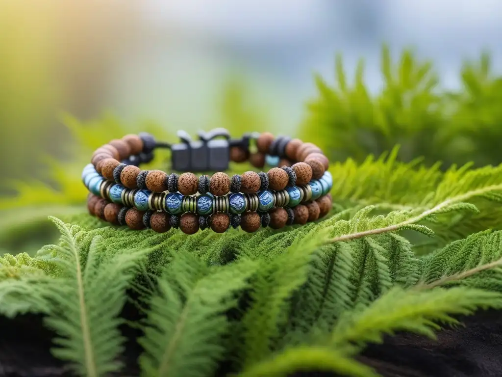 Pulsera ecoamigable con detalles botánicos y tonos terrosos Pulsera delicada y eco amigable en tonos tierra con detalles botánicos, en un entorno verde exuberante