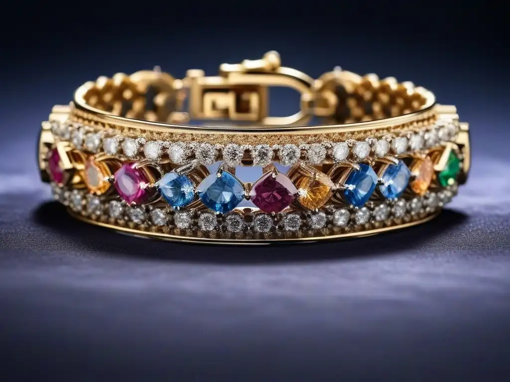 Bracelete de diamantes y oro: lujo deslumbrante Pulsera de lujo para ocasiones: detalle ultra lujoso con diamantes brillantes y oro intrincado sobre cojín de terciopelo bajo luz suave