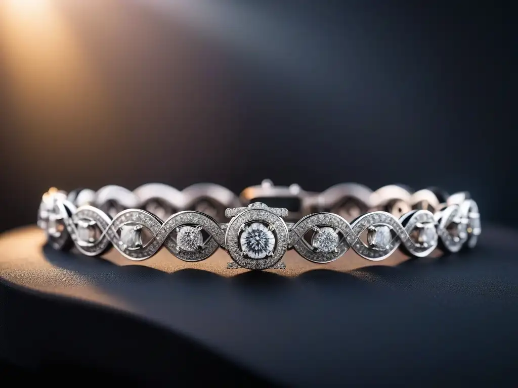 Bracelete de diamantes en oro blanco: lujo y elegancia Una pulsera de lujo para ocasiones, con diamantes en oro blanco, exhibida en un elegante soporte de joyería