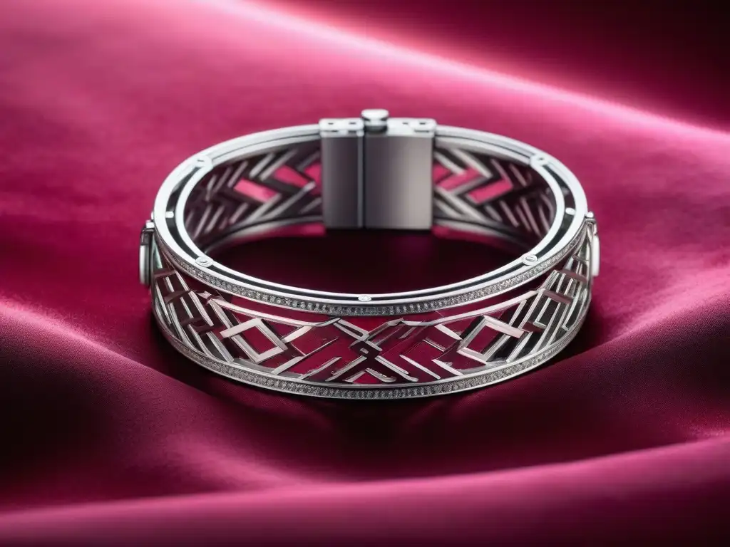 Pulsera de plata moderna y lujosa: elegancia y artesanía Pulsera de lujo plateada con diseños geométricos, resplandeciendo bajo suave iluminación en cojín de terciopelo