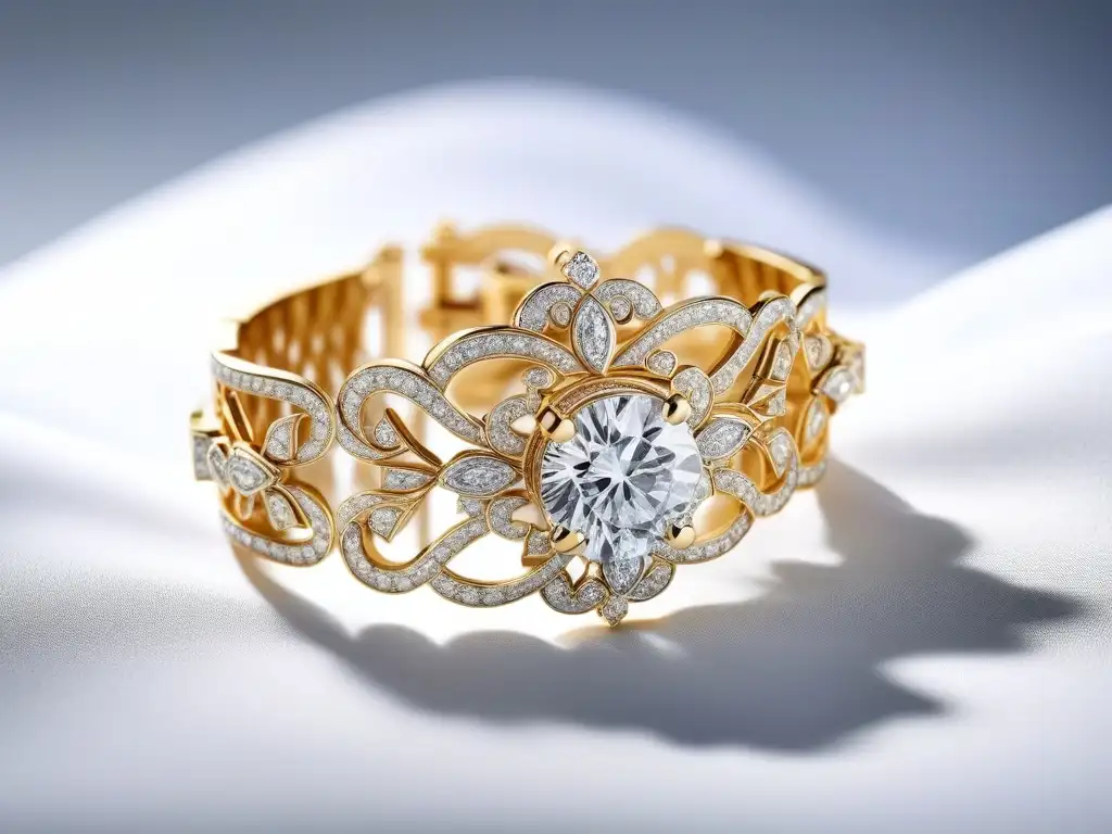 Pulsera de oro y diamantes: lujo y sofisticación en un solo destello Una pulsera de oro y diamantes sobre un guante de seda blanca, deslumbrante y lujosa