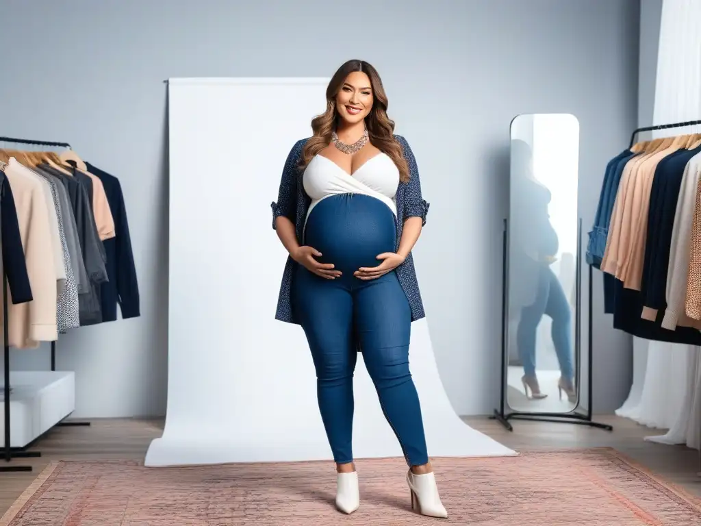 Embarazada feliz en boutique de moda plussize Radiante embarazada en boutique chic, jeans maternales tallas plus size, reflejo de empoderamiento y estilo