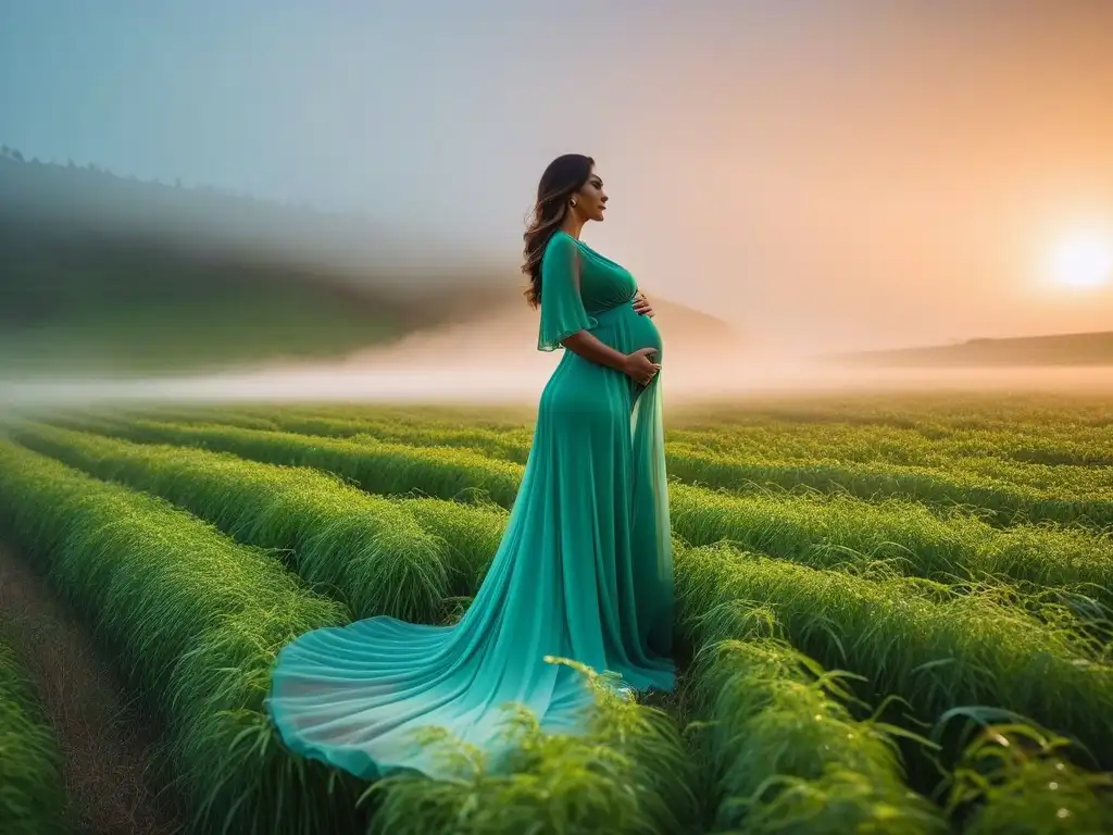 Belleza maternal eco: mujer embarazada en vestido sostenible en campo verde Radiante embarazada en campo verde con vestido sostenible, reflejando moda maternal sostenible marcas prácticas
