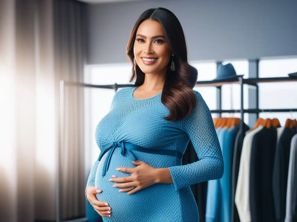 Moda premamá plussize: estilo y comodidad para futuras mamás Radiante embarazada con estilo en tienda de ropa maternidad tallas grandes