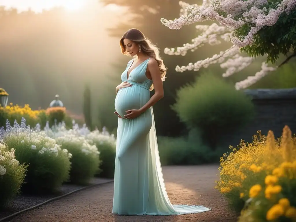 Radiante embarazada en jardín floreciente: estilo y serenidad Radiante embarazada en jardín, vestida con elegante vestido de maternidad en tono suave