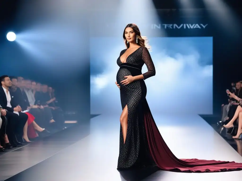 Deslumbrante desfile de moda premamá internacional en 8k Radiante modelo embarazada desfila con elegancia en pasarela de alta costura, mostrando tendencias moda maternal internacional