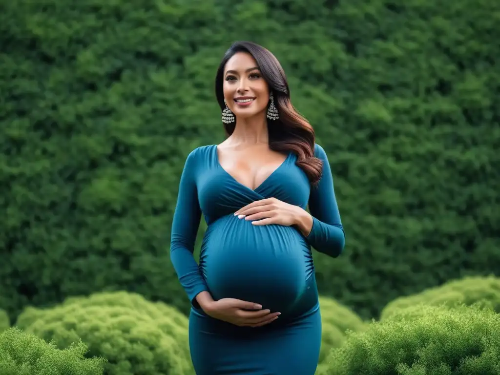 Maternidad elegante para mujeres altas: Estilo y comodidad en la naturaleza Radiante mujer alta embarazada con ropa maternidad elegante, rodeada de vegetación exuberante en un escenario sereno