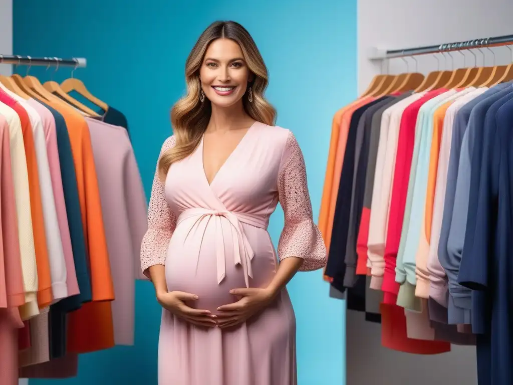 Radiante embarazada en boutique de moda Radiante mujer embarazada en boutique de moda maternal, rodeada de opciones coloridas y modernas