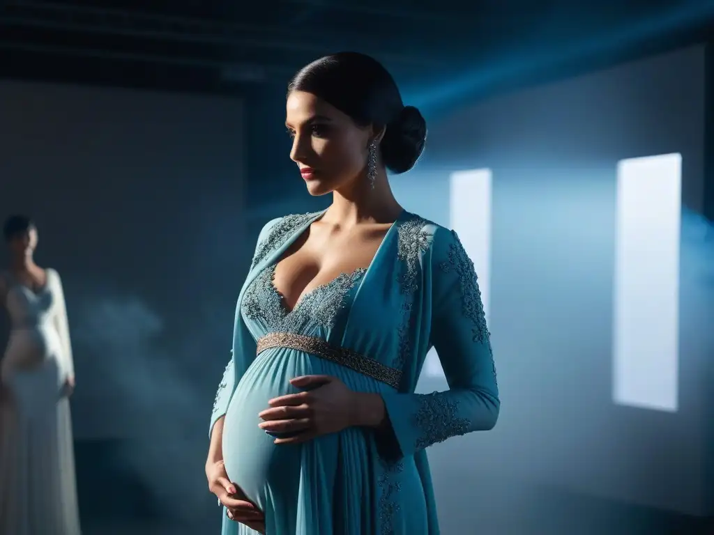 Maternidad de lujo: mujer embarazada en boutique elegante Radiante mujer embarazada en boutique de lujo con ropa maternidad elegante