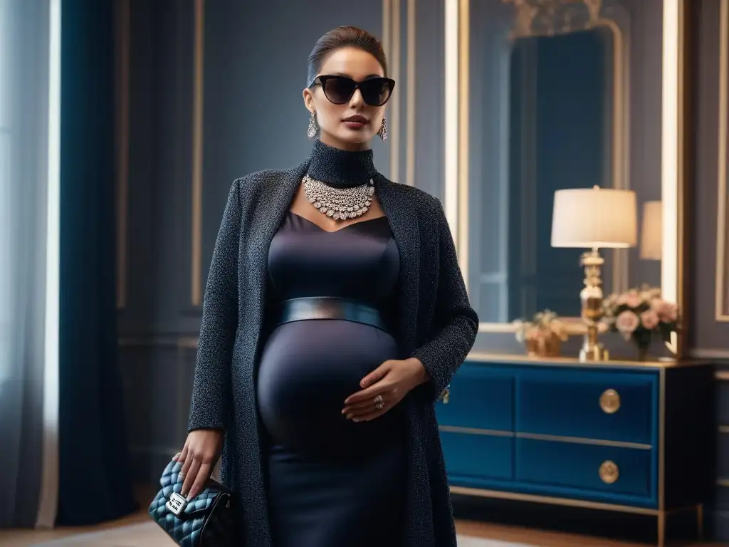 Elegancia en moda premamá: mujer radiante frente al espejo Radiante mujer embarazada con elegante outfit maternal y accesorios clave frente al espejo