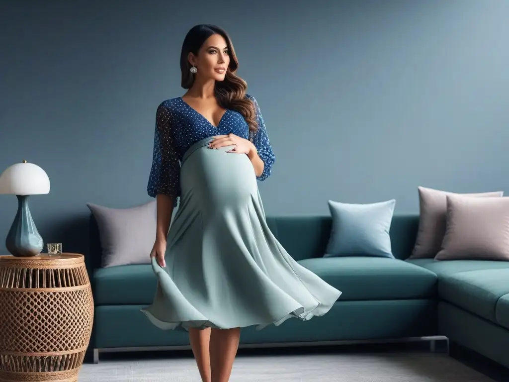 Maternidad elegante: mujer embarazada en look sofisticado Radiante mujer embarazada en elegante falda maternal y blusa sofisticada, en un salón moderno y luminoso