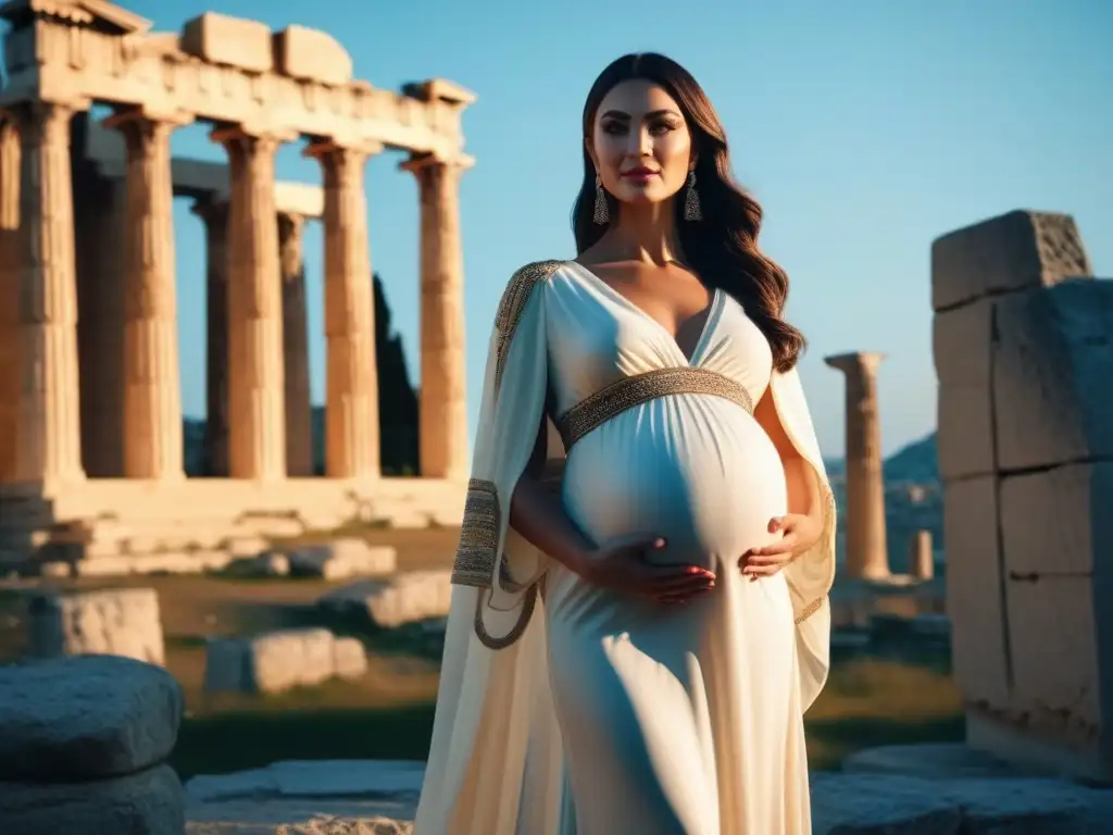 Glamour de maternidad en Atenas: mujer embarazada en ruinas griegas Radiante mujer embarazada con un elegante vestido de lujo en Atenas, en contraste con ruinas griegas al atardecer
