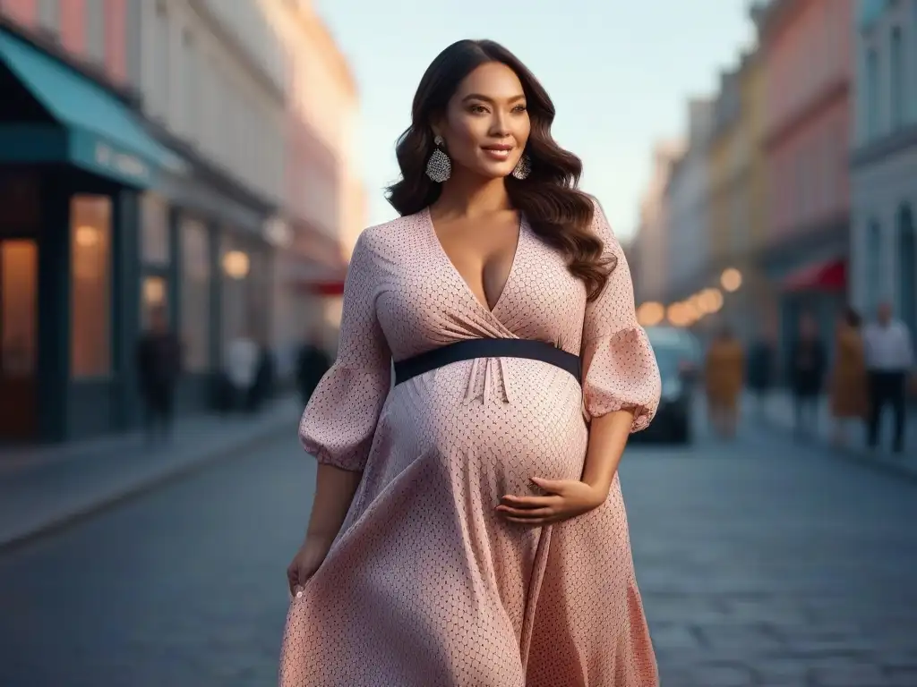 Radiante embarazada plus size con estilo urbano Radiante mujer embarazada, vistiendo elegante atuendo de maternidad en talla grande, en una ciudad chic