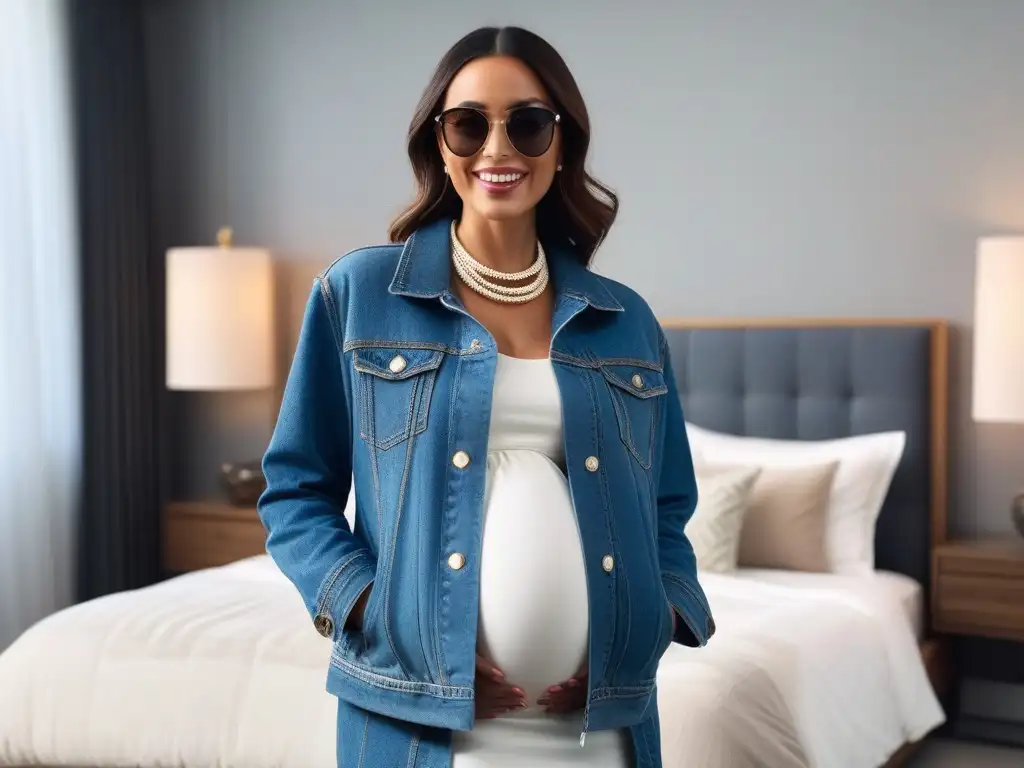 Radiante embarazada con estilo en habitación minimalista Radiante mujer embarazada con estilo en chaqueta denim oversized sobre vestido blanco de maternidad