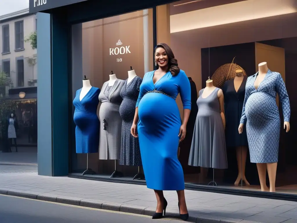 Elegante moda para embarazadas plus size: colección exclusiva en escaparate Radiante mujer embarazada frente a tienda exclusiva de moda maternidad tallas grandes