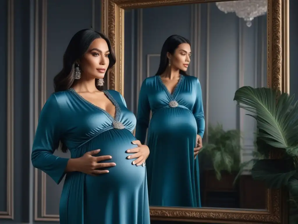 Radiante mujer embarazada de gemelos en boutique de ropa maternal, vistiendo elegante y cómodo