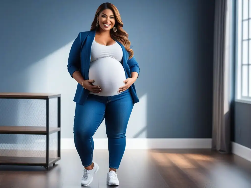 Embarazo con estilo: mujer radiante en jeans de maternidad plussize Radiante mujer embarazada con jeans maternales tallas plus size, en un ambiente moderno y chic