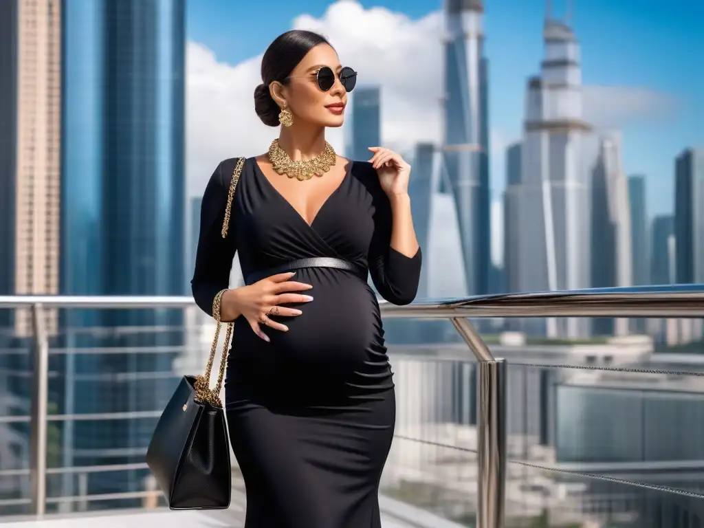 Estilo y elegancia: mujer embarazada en outfit sofisticado Radiante mujer embarazada en outfit maternal elegante con accesorios clave, en entorno urbano lujoso