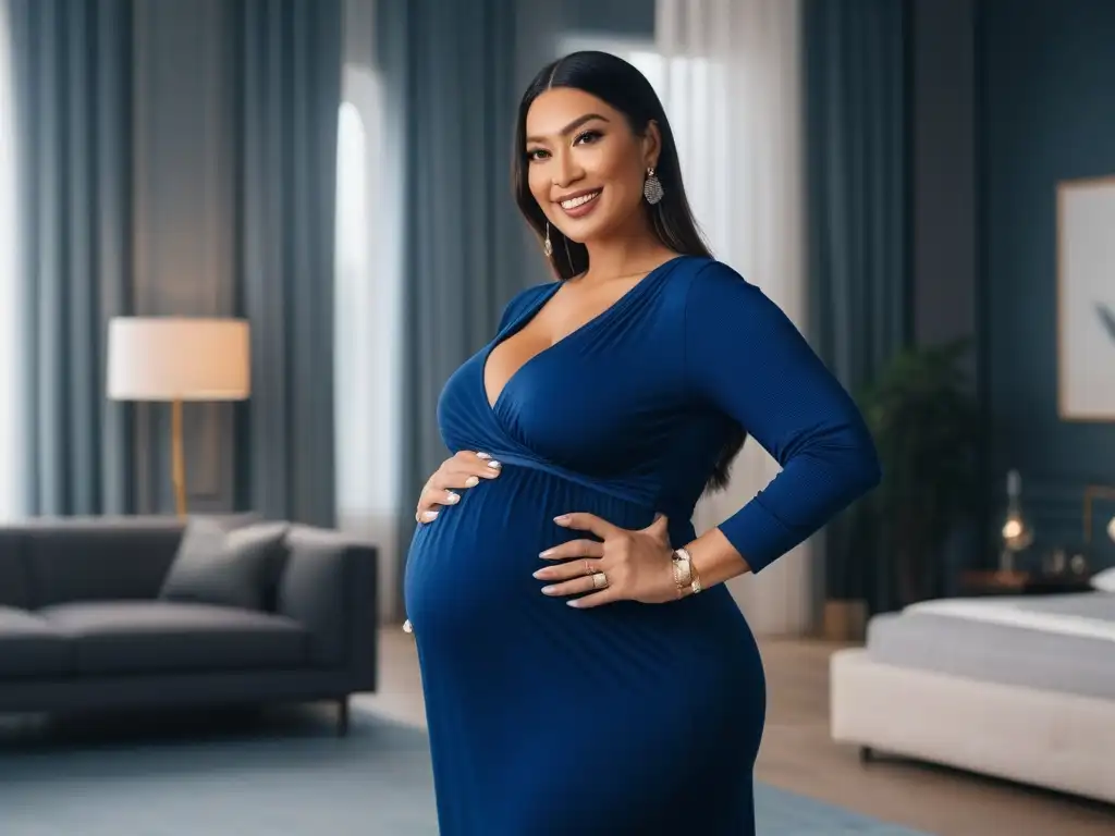 Moda materna chic para mujeres plus size: radiante y segura Radiante mujer embarazada en outfit moderno para tallas grandes, destacando su barriga