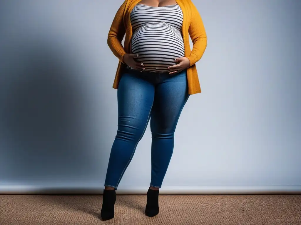 Radiante embarazada plus size en jeans de maternidad: moda y confort Radiante mujer embarazada de talla grande posa con confianza en modernos jeans maternales plus size en un ambiente chic