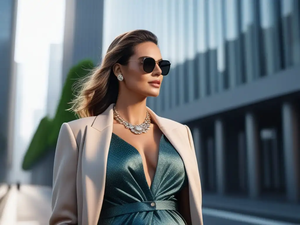 Empoderamiento urbano: estilo en embarazo tallas especiales Radiante mujer embarazada en blazer chic y vestido ajustado, joyería elegante y lentes de moda, caminando con confianza en la ciudad