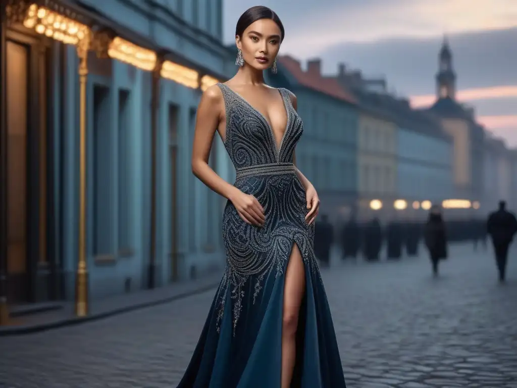 Radiante mujer petite en un elegante vestido de fiesta, deslumbrando en la ciudad