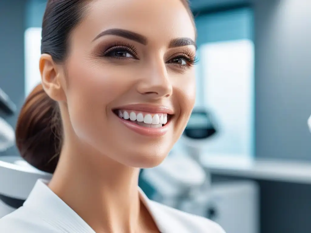 Sonrisa radiante en consultorio dental moderno Radiante mujer con sonrisa perfecta en consultorio dental moderno