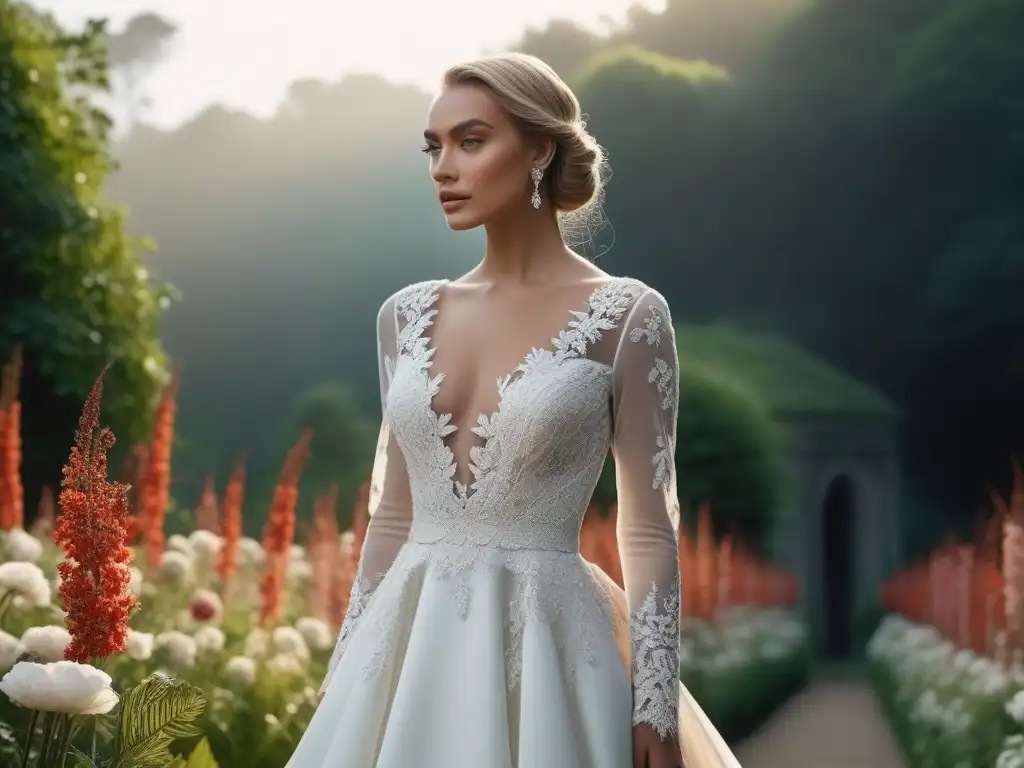 Elegante novia eco: vestido de bodas sostenible en jardín Radiante novia en vestido de novia ecoconsciente sostenible, con apliques florales y brillos, en un jardín soleado