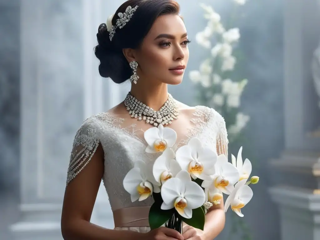 Exquisito ramo de novia de orquídeas blancas y rosas, elegante y lujoso Un ramo de novia lujoso y elegante con orquídeas blancas, rosas y follaje verde, sobre fondo de mármol