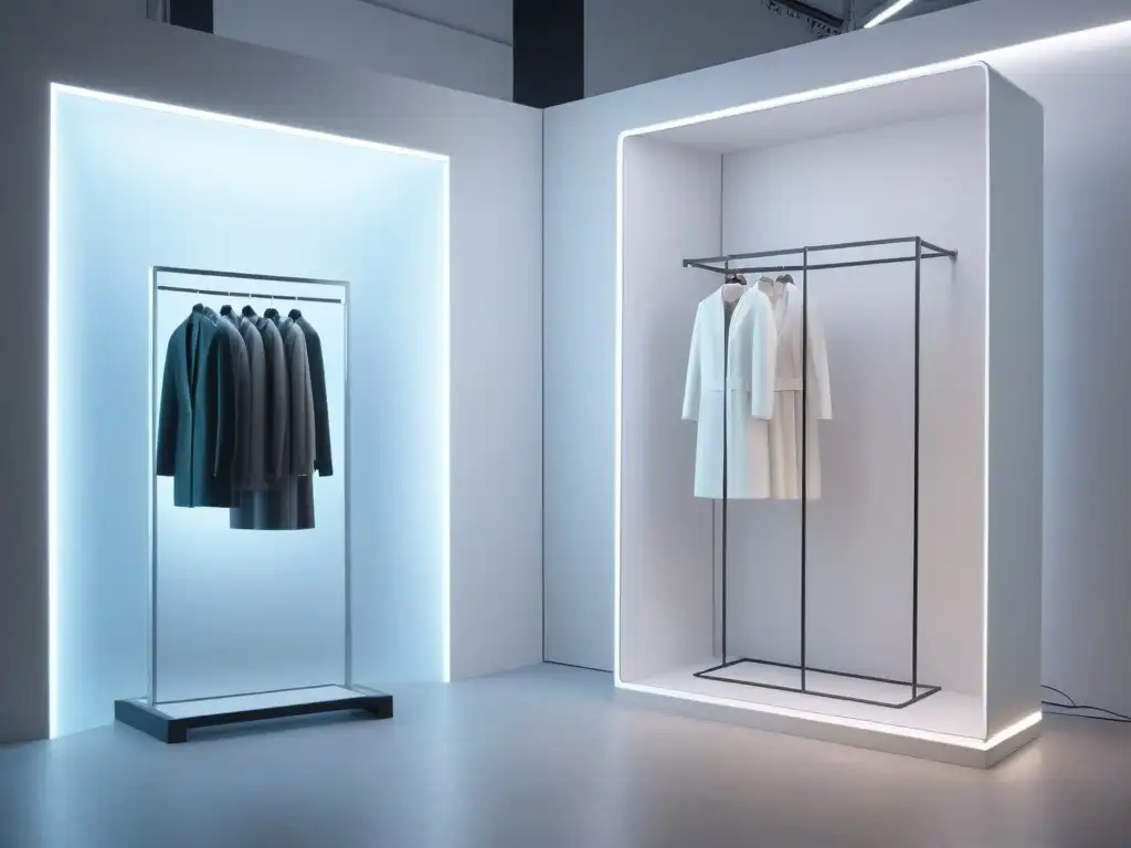 Futurismo y moda: Sala de prueba virtual con AR de alta costura Realidad Aumentada para probar ropa: Futurista sala virtual con moda de alta costura en detalles 8k