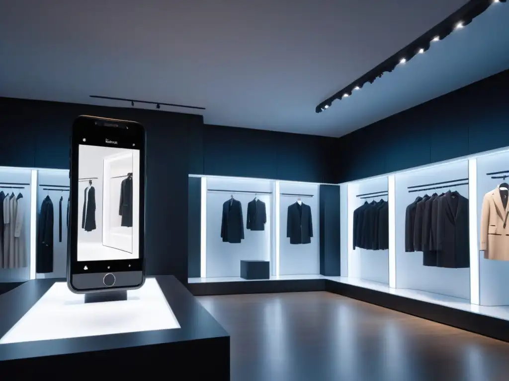 Probador virtual: lujo y elegancia en 3D Realidad Aumentada para probar ropa: Interfaz moderna de vestidor virtual en smartphone mostrando prueba de elegante traje
