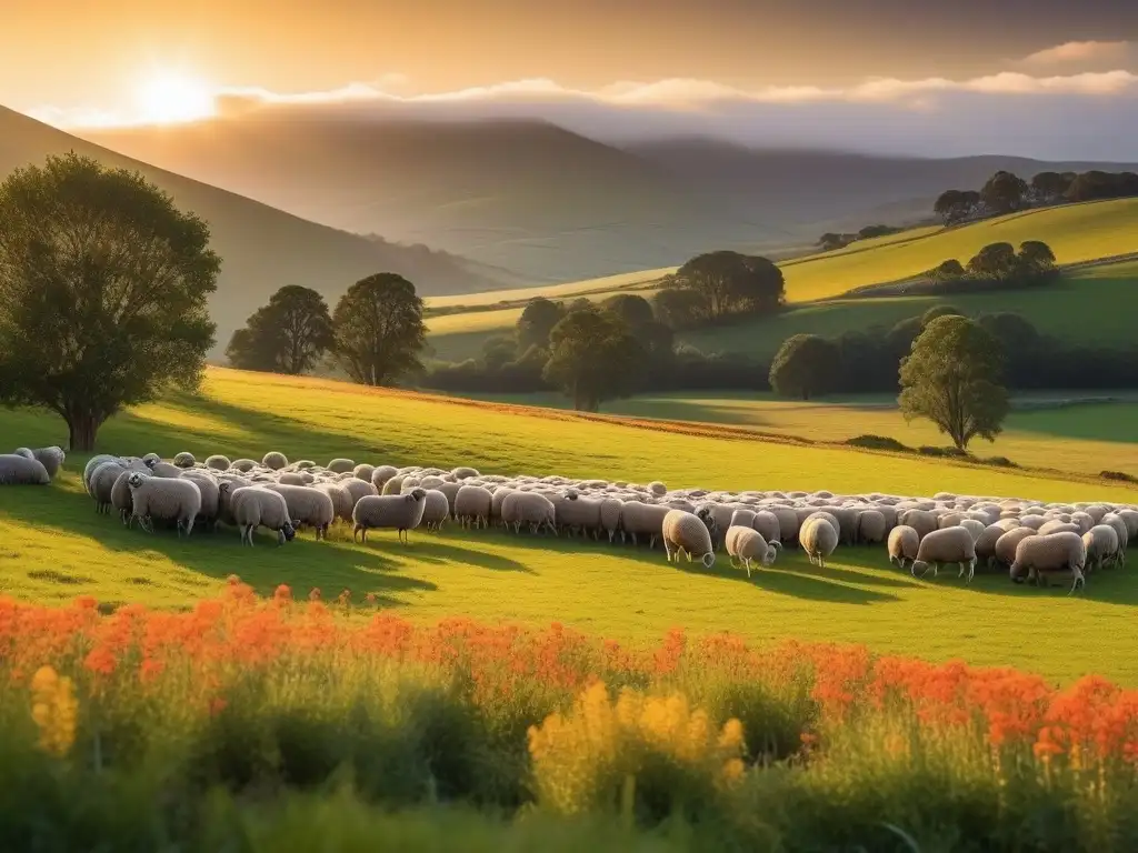 Pasto verde y ovejas merinas felices al atardecer Rebaño de ovejas merinas pastando en un prado verde al atardecer, reflejando calma y sostenibilidad